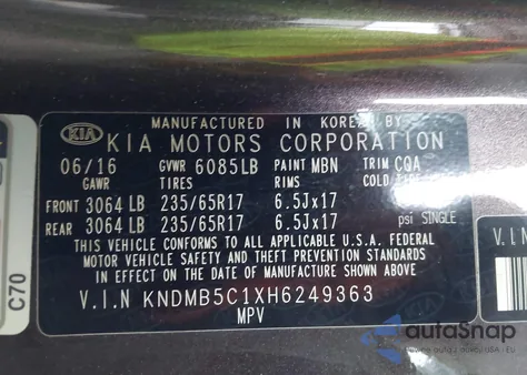 2017 Kia Sedona Lx из США, поврежденный, VIN KNDMB5C1XH6249363